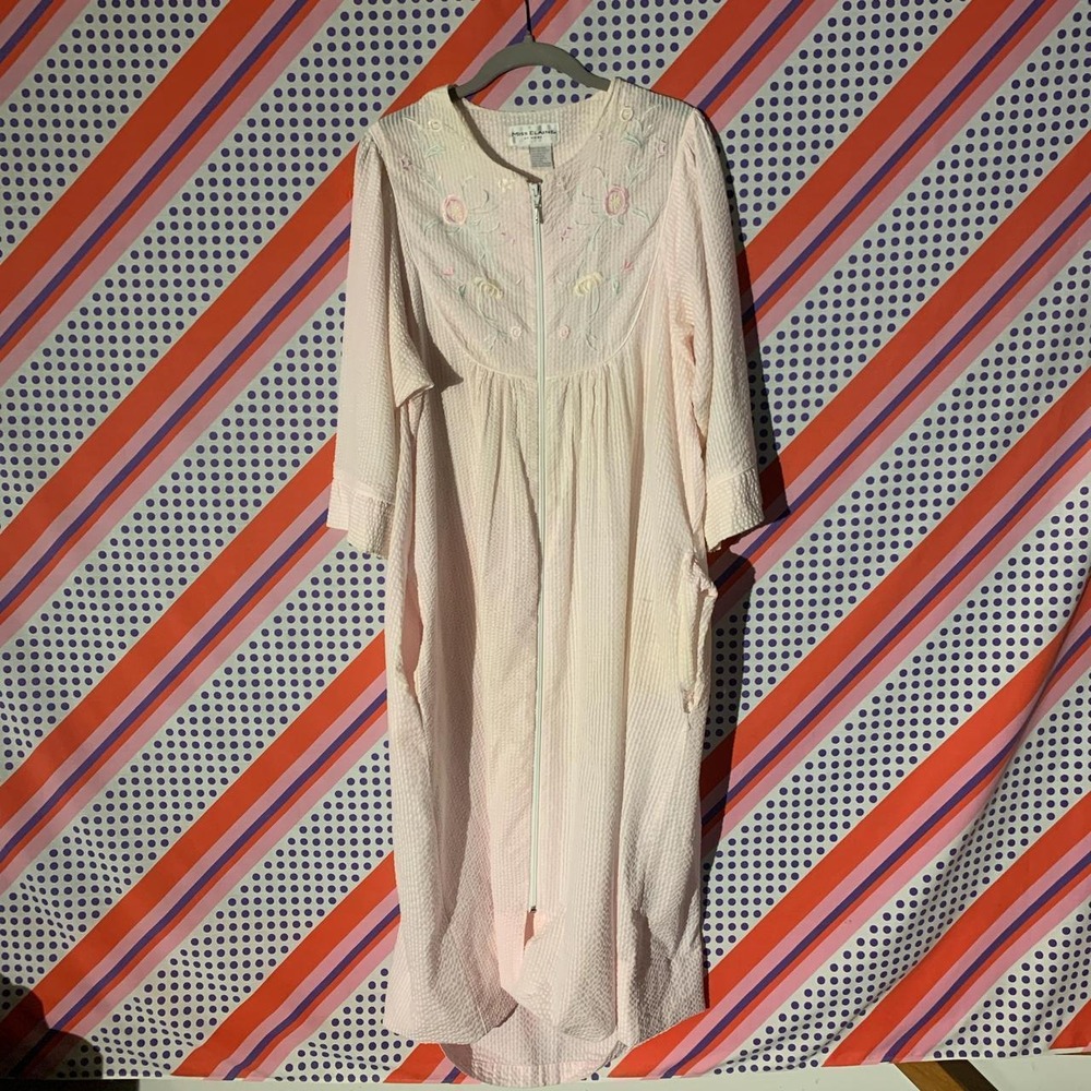 Miss Elaine Vintage 80s Embroidered Floral Zipper Front Nightgown Robe Large